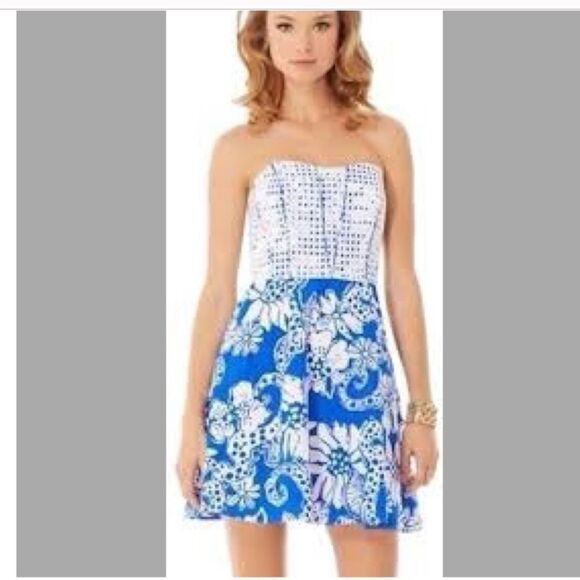 Lilly Pulitzer Strapless Blue and White Floral Mini Dress Size 6 - Picture 1 of 14